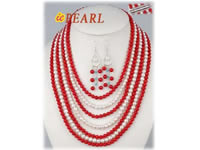 Wholesale seven strands red round coral necklace & earring set