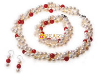 3 rows twisted pearl necklace with 8mm red coral  wholesale