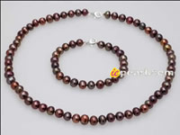 7-8mm off-round brown pearl necklace & bracelet set wholesale