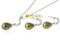 9-10mm olive-green rice pearl silver jewelry set wholesale
