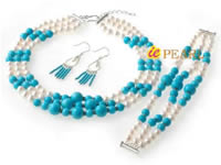 Wholesale three-strand turquoise& freshwater pearl jewelry set