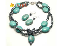 wholesale fouble strands pearl & turquoise necklace & earrings