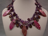 Two rows amethyst necklace with shell beads & shell leaves