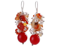 14mm red agate 5-6mm white rice pearl dangler earrings
