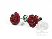 Red coral carved rose flower stud earrings wholesale