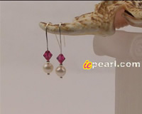 white freshwater pearl & wine red Chinese crystal 925 silver ear