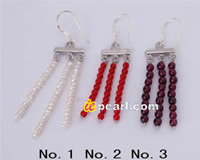 triple row semi-precious stone silver dangling earrings