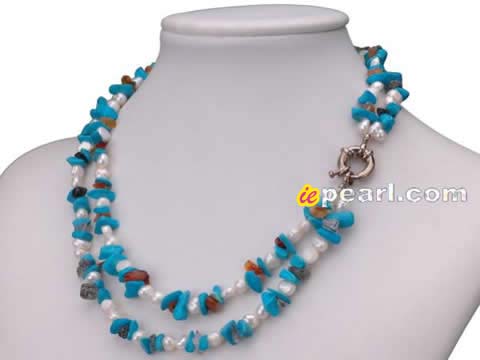 Necklace made freshwater pearls & turquoise beads