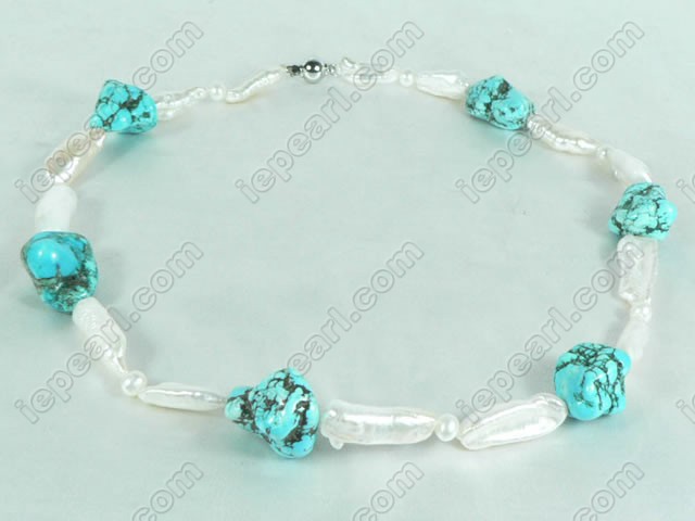 nugget blue turquoise necklace and Biwa pearl jewelry