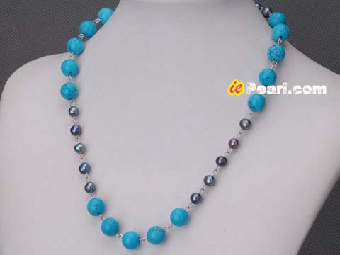 10mm round blue turquoise & black freshwater pearl necklace