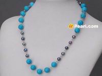 10mm round blue turquoise & black freshwater pearl necklace