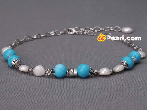 12mm blue turquoise beaded necklace with nugget pearl