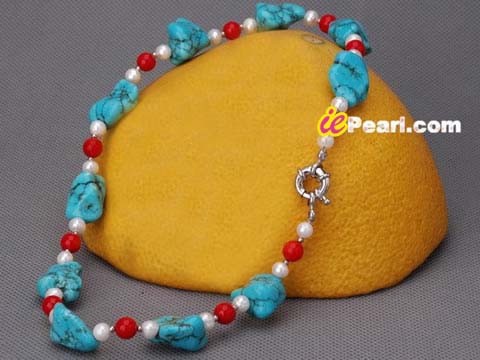 Nugget blue turquoise and red coral beads pearl necklace