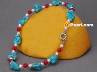 Nugget blue turquoise and red coral beads pearl necklace