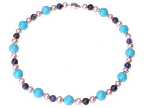 12mm turquoise bead necklace with Sodalite beads & pearl