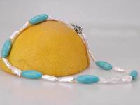Biwa pearl and natural nugget blue turquoise necklace