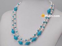 Double-row necklace of white pearl & turquoise beads