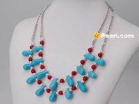 tear-drop turquoise necklace with red coral beads & pearls