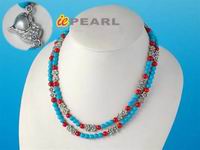 6mm red coral & turquoise beads flower heart necklace
