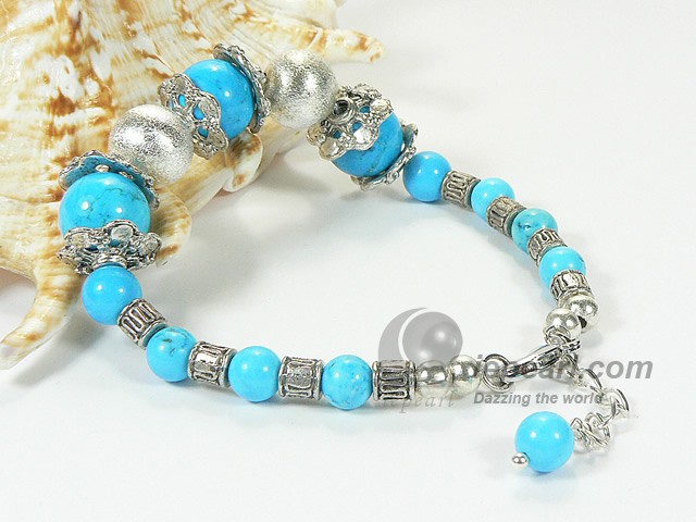 wholesale blue turquoise & silver plated bead bracelet