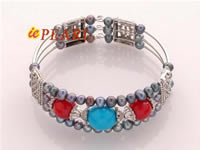 12mm blue turquoise with 10mm red coral shell 3-strand bracelet