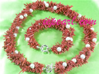 7-8mm white potato pearl necklace set with coral beads