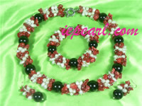 5-6mm white rice shaped pearl necklace set with red stone beads