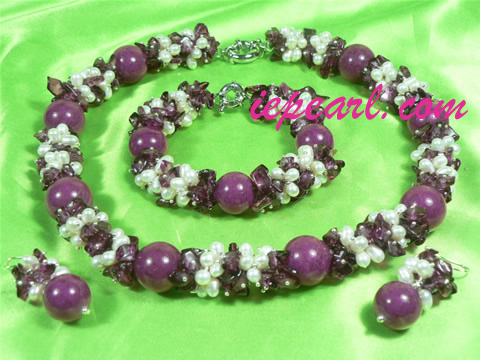 rice shaped pearl necklace with purple bowlder beads