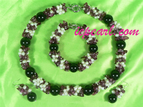 5-6mm white rice shaped pearl necklace set with agate beads