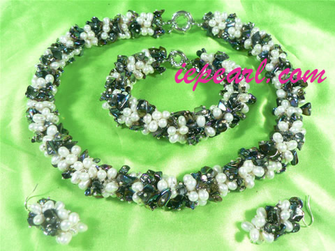 white rice shaped pearl necklace set with crystal beads wholesal