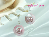 pink circular shaped shell pearl sterling siver dangling earring