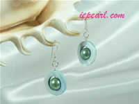 pale blue circular shaped shell pearl siver dangling earrings