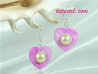 peach red heart shaped shell pearl siver dangling earrings