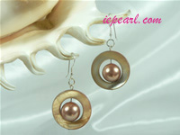 coffee circular shaped shell pearl siver dangling earrings