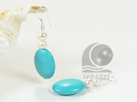 blue oval turquoise pearl sterling siver dangling earrings