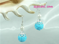 blue carved bugle turquoise sterling siver dangling earrings